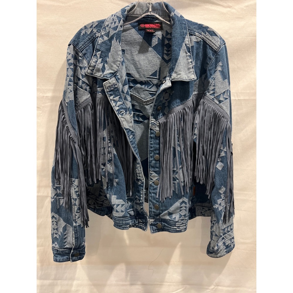 Rock & Roll Denim Aztec Fringe Western Jacket Blue XXL RRWD92RZQC